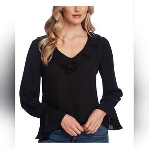 CeCe Black Ruffled V Neck Blouse with Long Sleeves Small